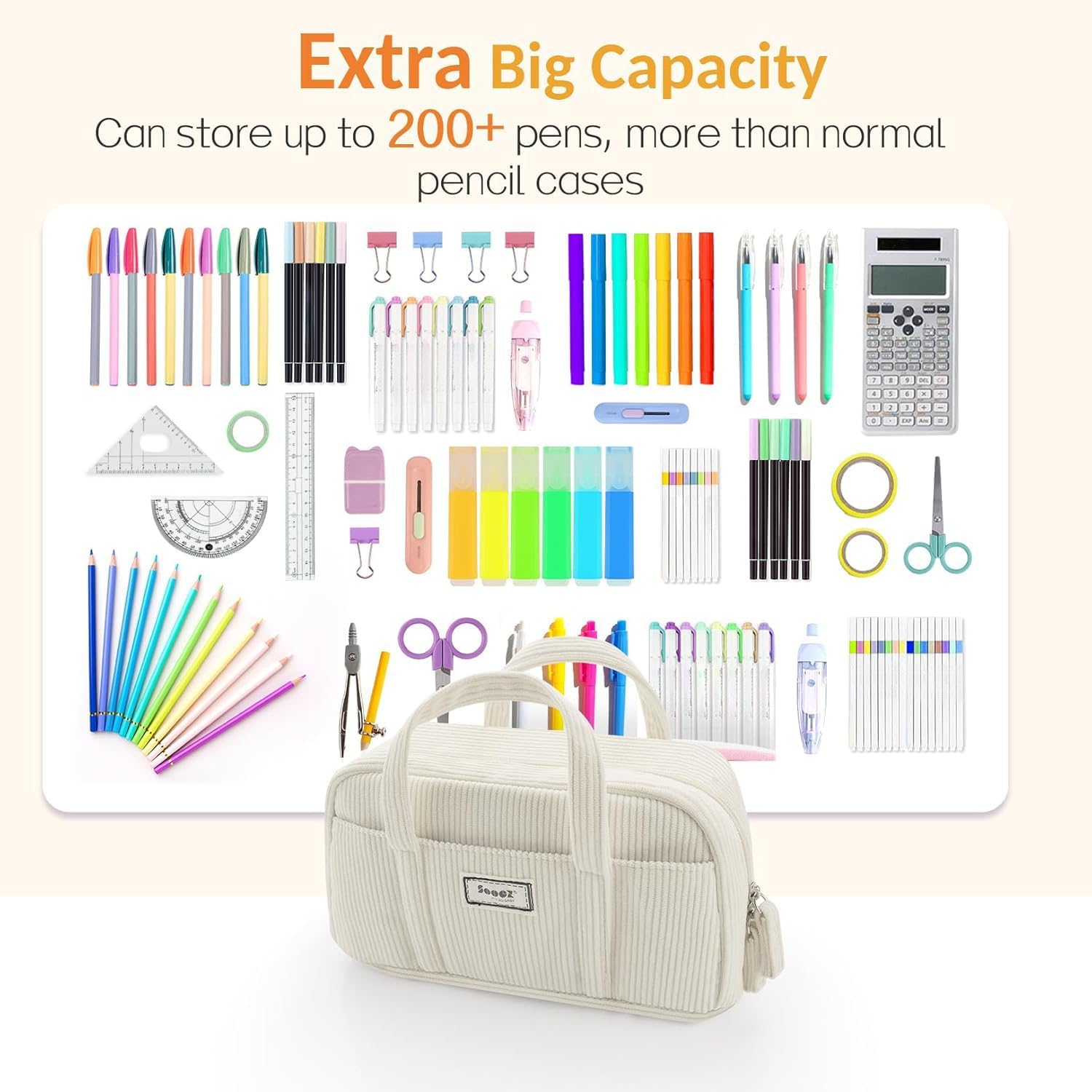 Sooez Large Pencil Case Pouch. Extra Big Pencil Bag with 5 Compartments. Pen Bag Wide Opening. Soft Corduroy Pencil Pouch Organizer with Zipper. Cute Aesthetic School Supplies for Teen Girls-Beige - Image 3