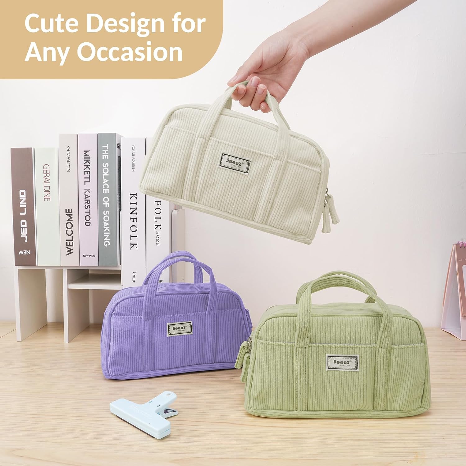 Sooez Large Pencil Case Pouch. Extra Big Pencil Bag with 5 Compartments. Pen Bag Wide Opening. Soft Corduroy Pencil Pouch Organizer with Zipper. Cute Aesthetic School Supplies for Teen Girls-Beige - Image 7