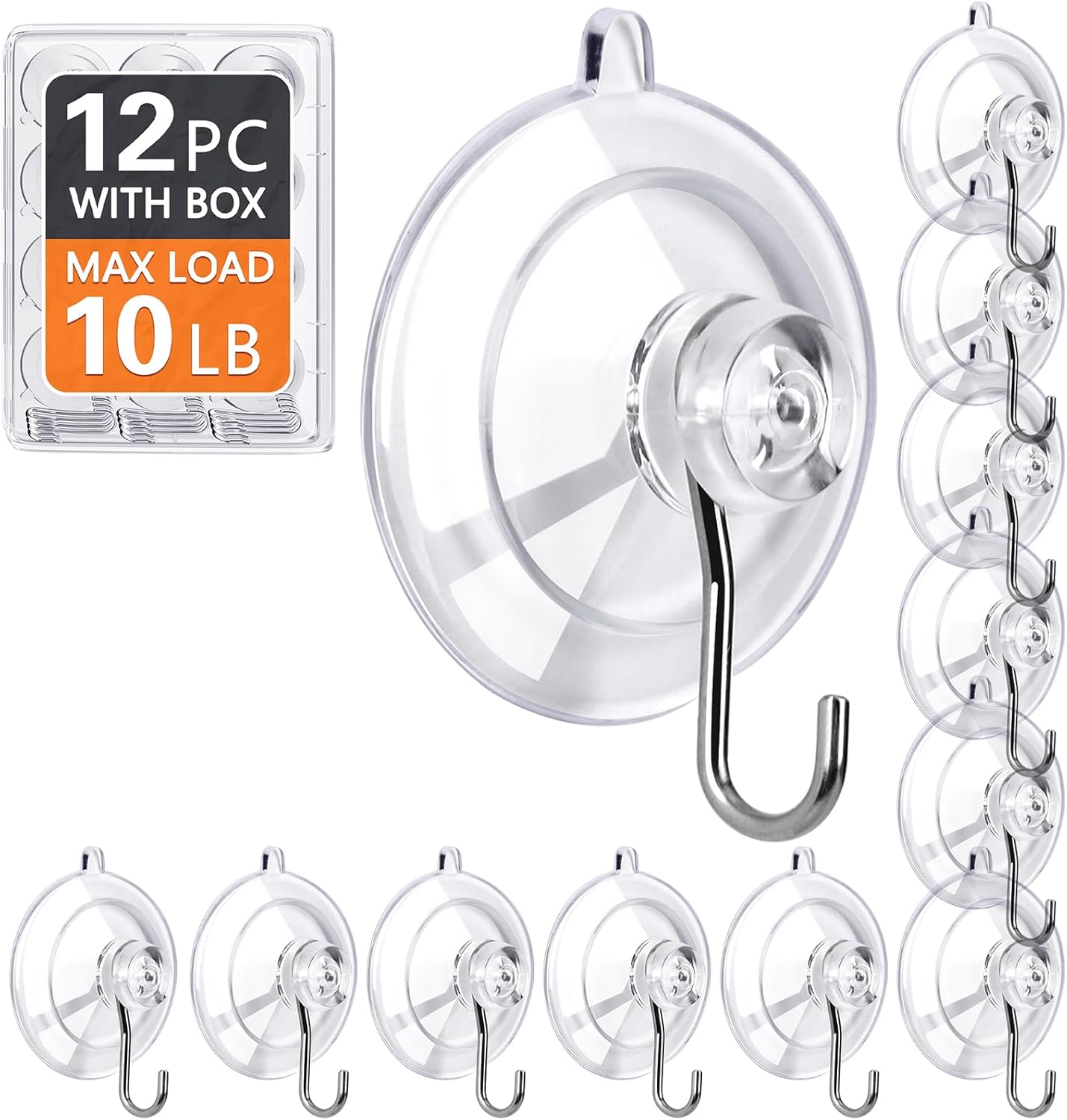 KORCCI Suction Cup Hooks 12Pack - Max Load 10LB. 1.77Inch Clear Medium Suction Cups. No Trace. Reusable & Removable. Stainless Steel Hooks. for Tile. Glass. Window. Shower. Kitchen. Bathroom