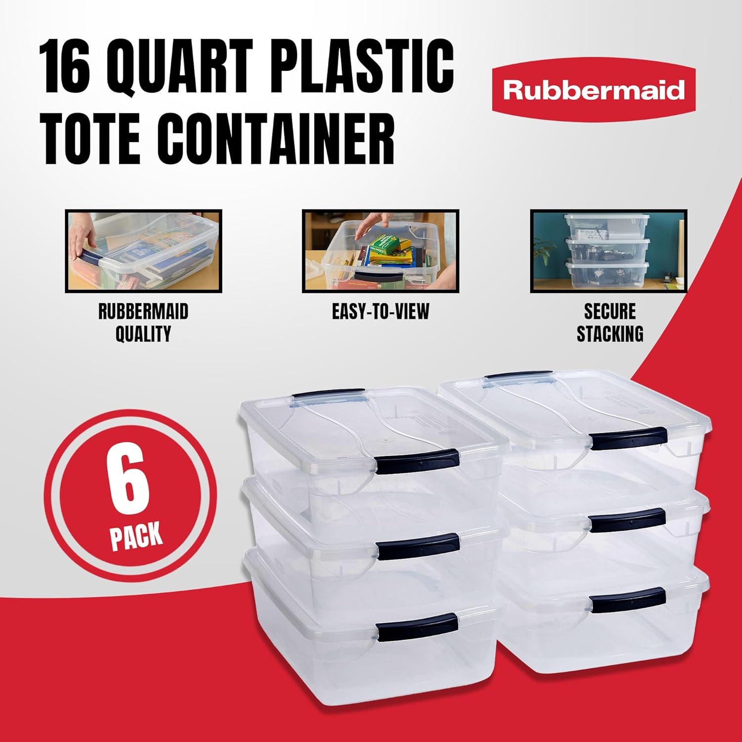 Rubbermaid Cleverstore 17 Qt Clear Storage Bins with Lids. 6-Pack. Stackable. BPA-Free. Made in USA - Image 3