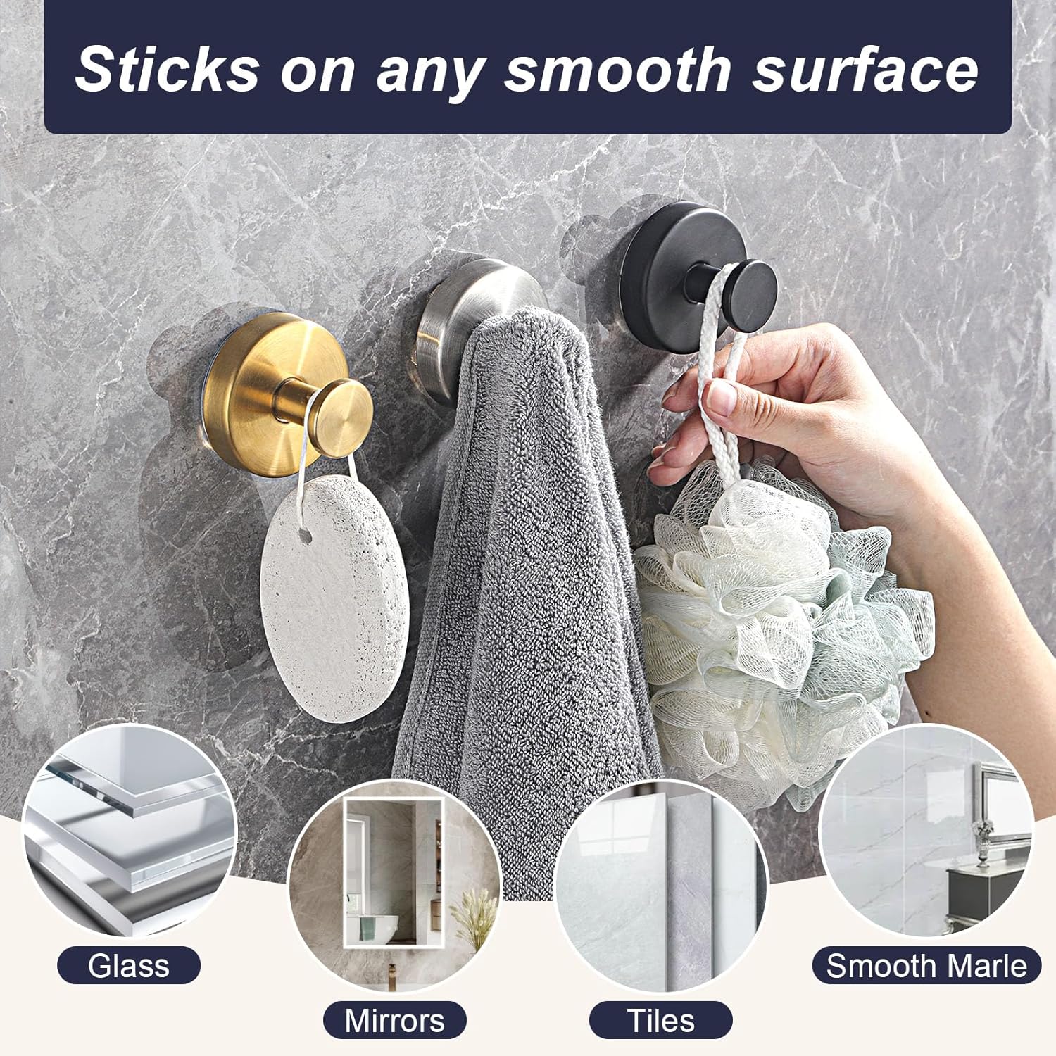 Suction Cup Hooks for Shower. No Drill Adhesive Towel Hooks for Bathroom Wall. Kitchen. Glass. Mirror– 12 LB Heavy-Duty. Tile - Ideal for Hanging Towels. Robes. and Loofahs (4. Bright Silver) - Image 3